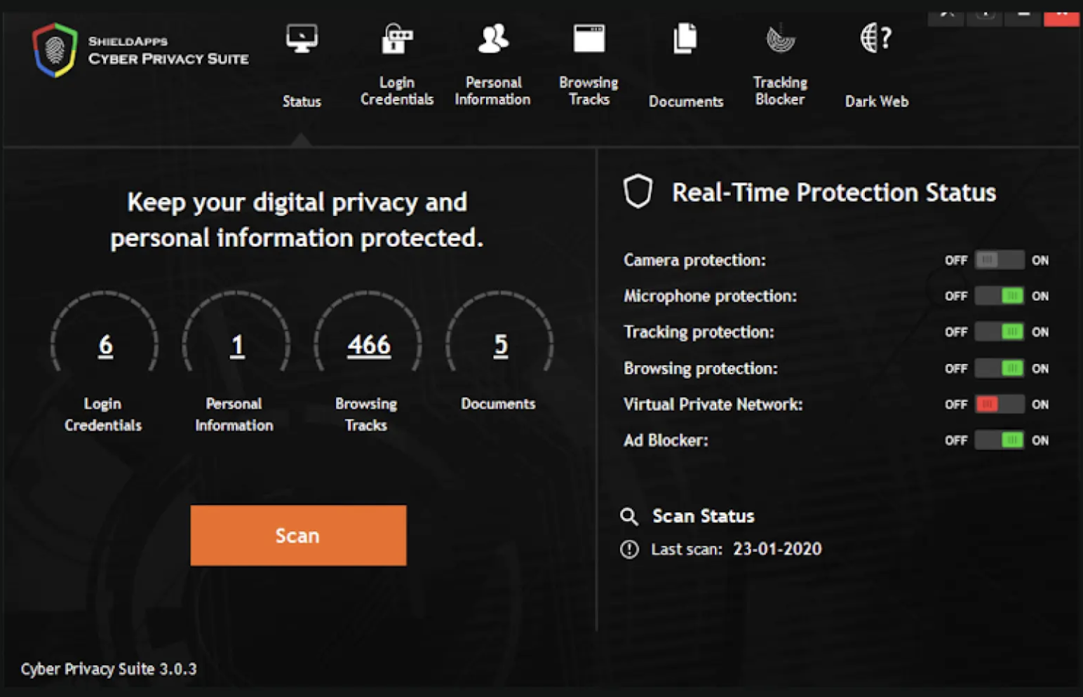 ArmorProShield Cyber Privacy Suite interface showing protection features active
